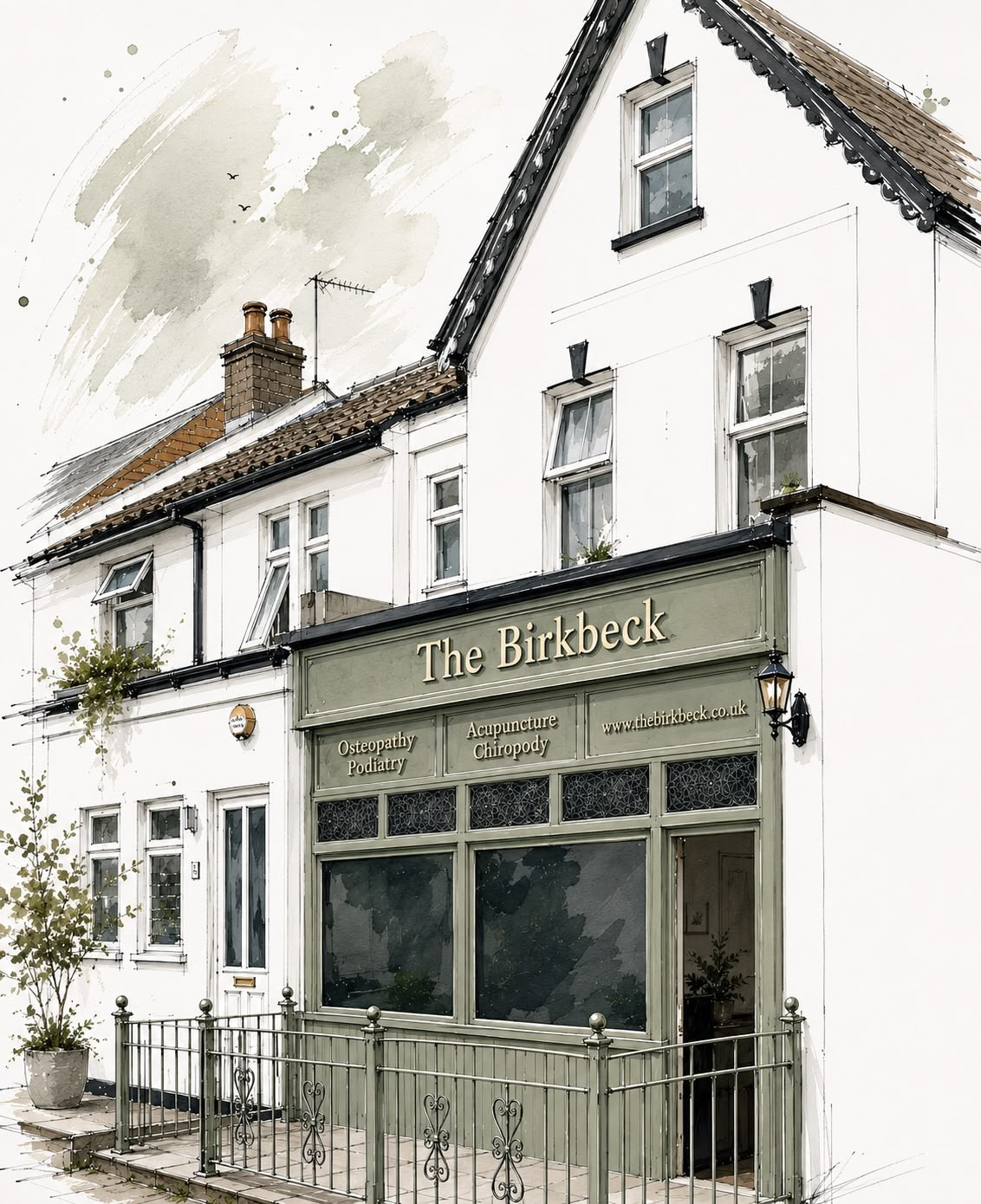 Watercolour illustration of The Birkbeck clinic shopfront on Birkbeck Road, Sidcup